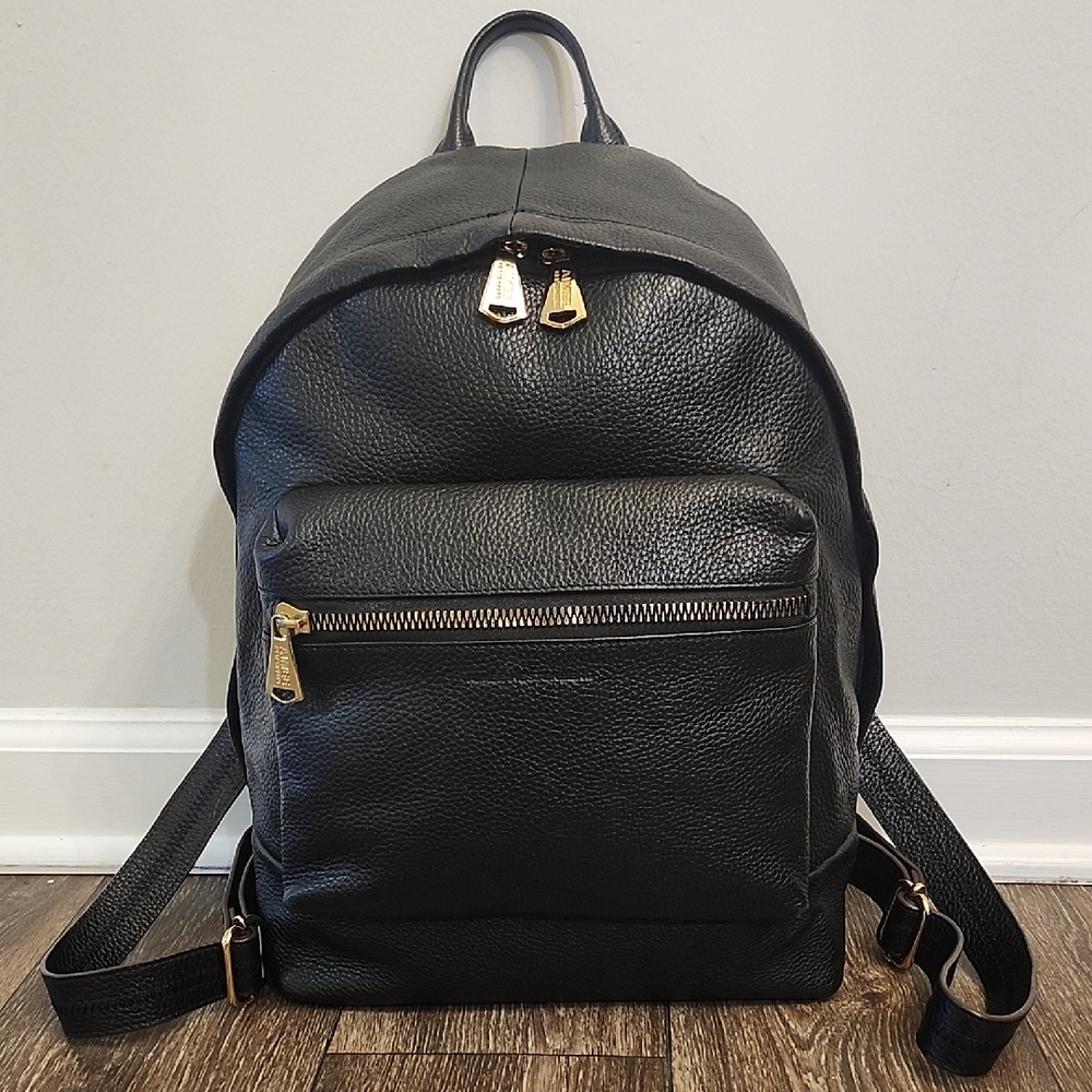 Aimee Kestenberg Black Pebbled Leather Backpack Gold Colored Trim Zippers